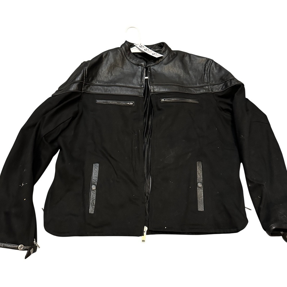 Black Leather Canvas Hybrid Cafe Racer Biker Jacket XL Mandarin Collar Zip Moto
